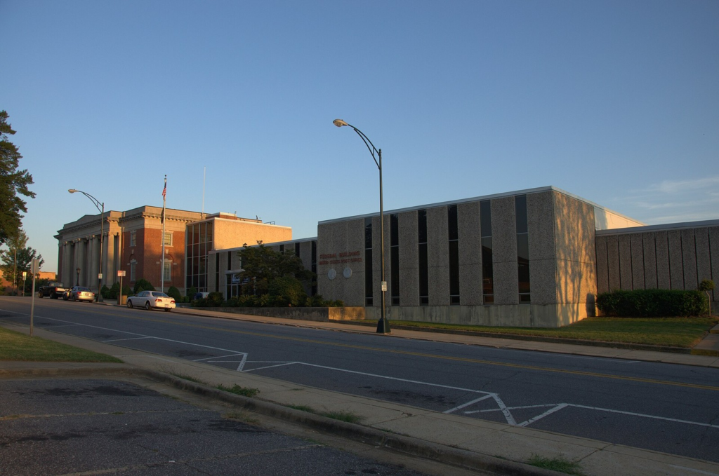 Downtown Hickory federal building and U.S. flag.
